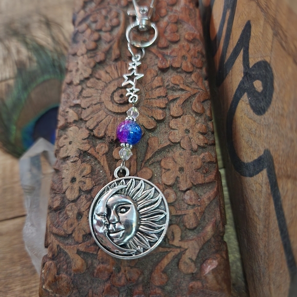 Sun Moon Pursecharm Celestial Bag Charm Pink & Blue Beaded Crystal Star Keychain - Picture 12 of 13